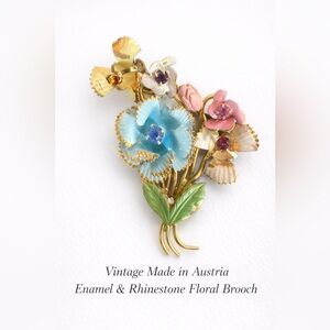 Austrian Enamel Floral Brooch with Blue and Pink Accents 50’s Collectible Vtg